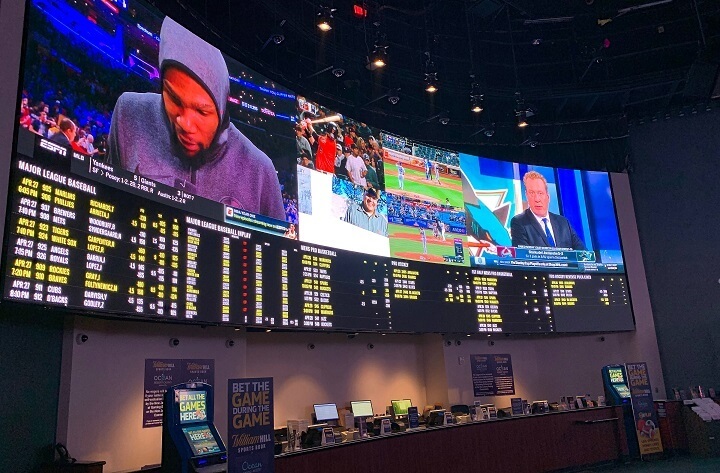 One of the main video walls at the William Hill Sportsbook at Ocean Resort Atlantic City