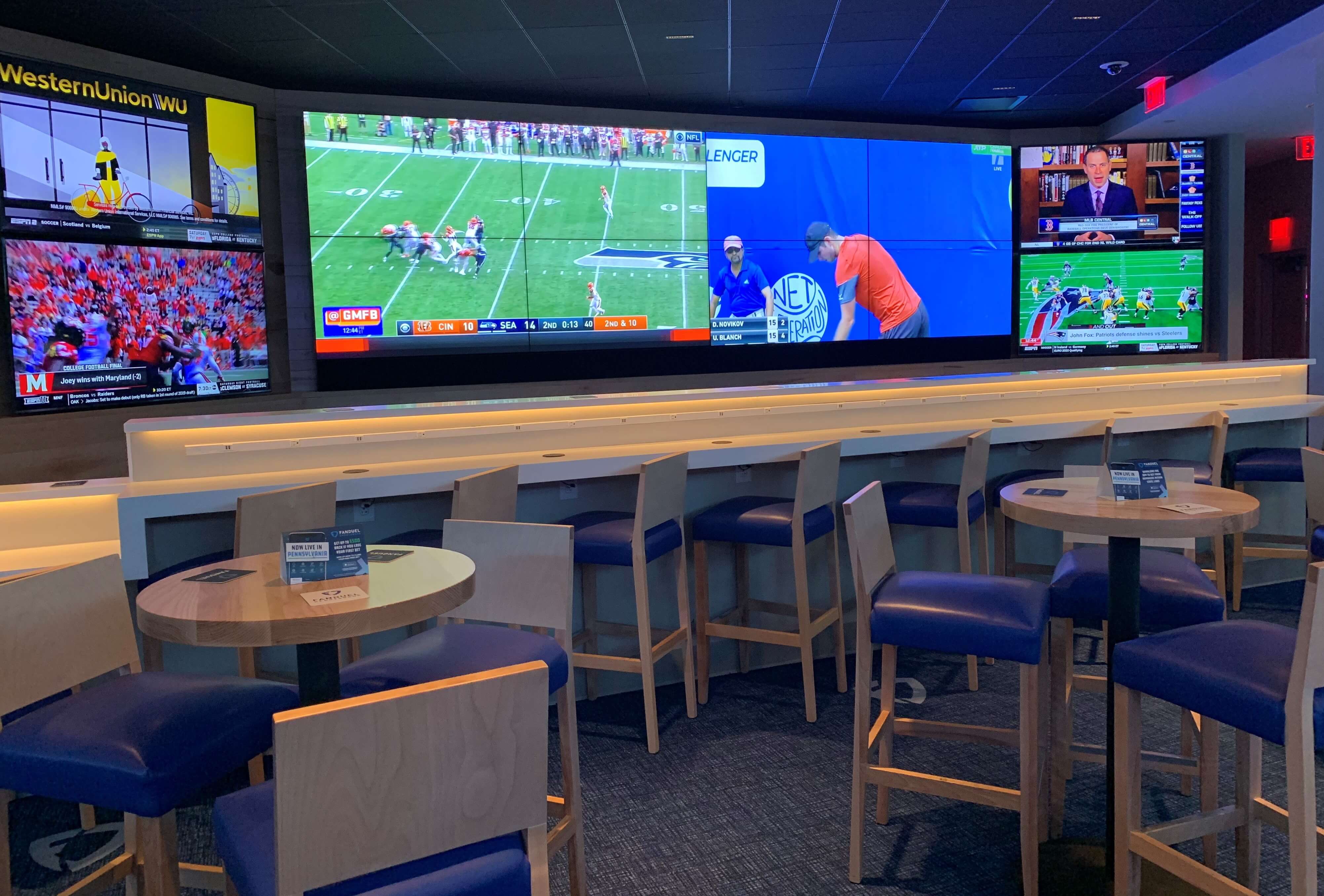 The screens at FanDuel Sportsbook at ValleyForge Casino Resort